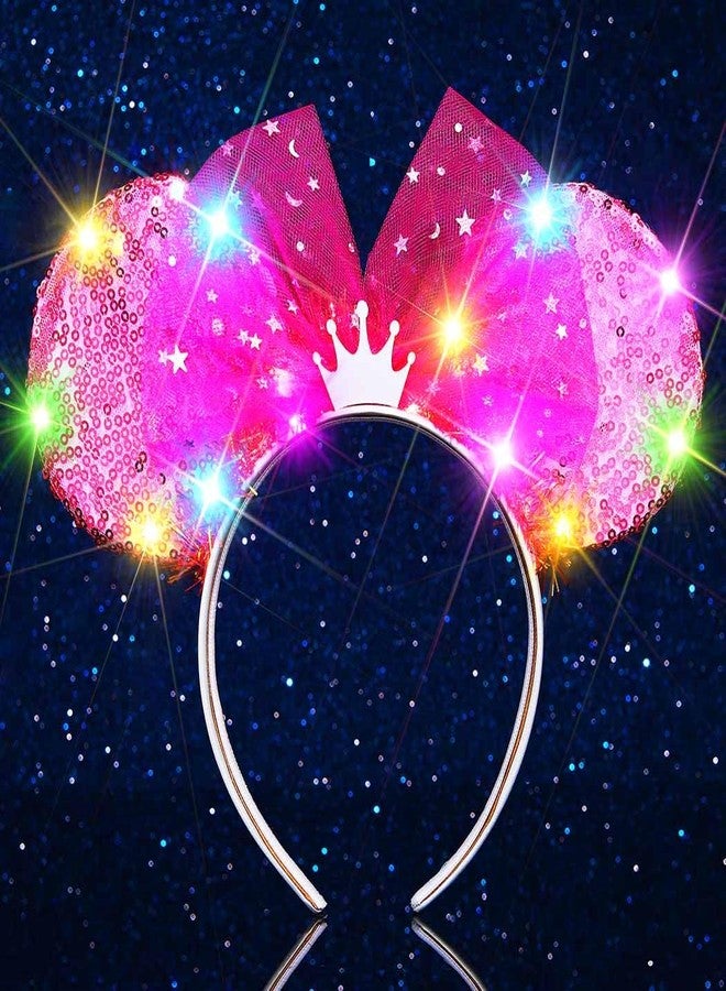 ACEDRE Light Up Mouse Ears Headband Sequin Bow Princess Crown Hair Accessories for Women (A-Rose Red, One Size) - Image 1